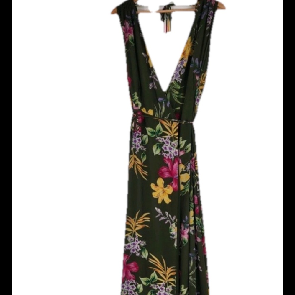 Eva Mendes NY&Co Maxi Wrap Dress M Green Floral Chiffon Resort Beach Pool Beach